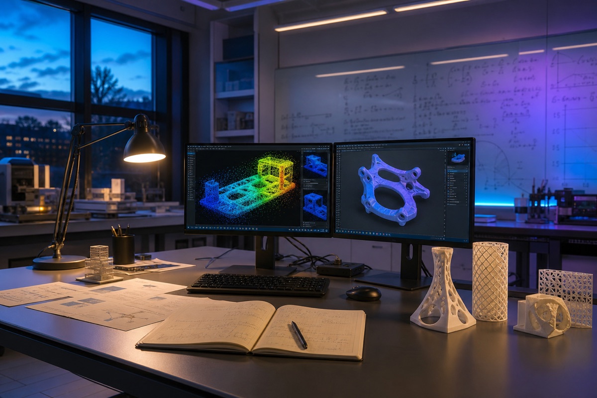 研究室のデスク — 3Dモデルの画面と3Dプリントの試作品