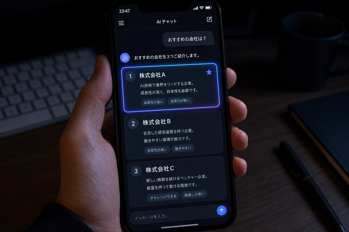生成AIの回答画面で企業が推薦されている様子